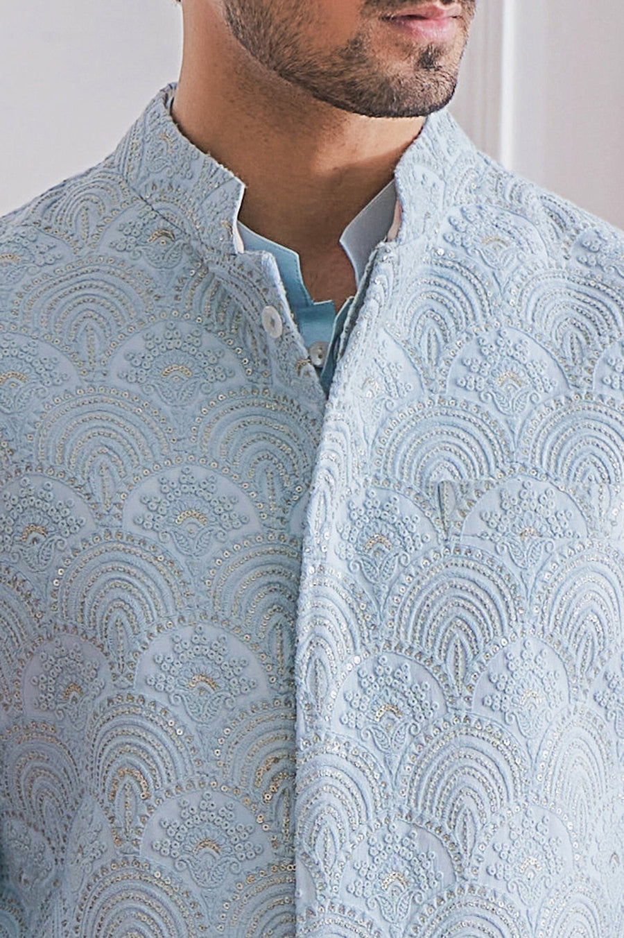 Powder Blue Bandi Kurta Set for Men - Jhelum Bandi Set