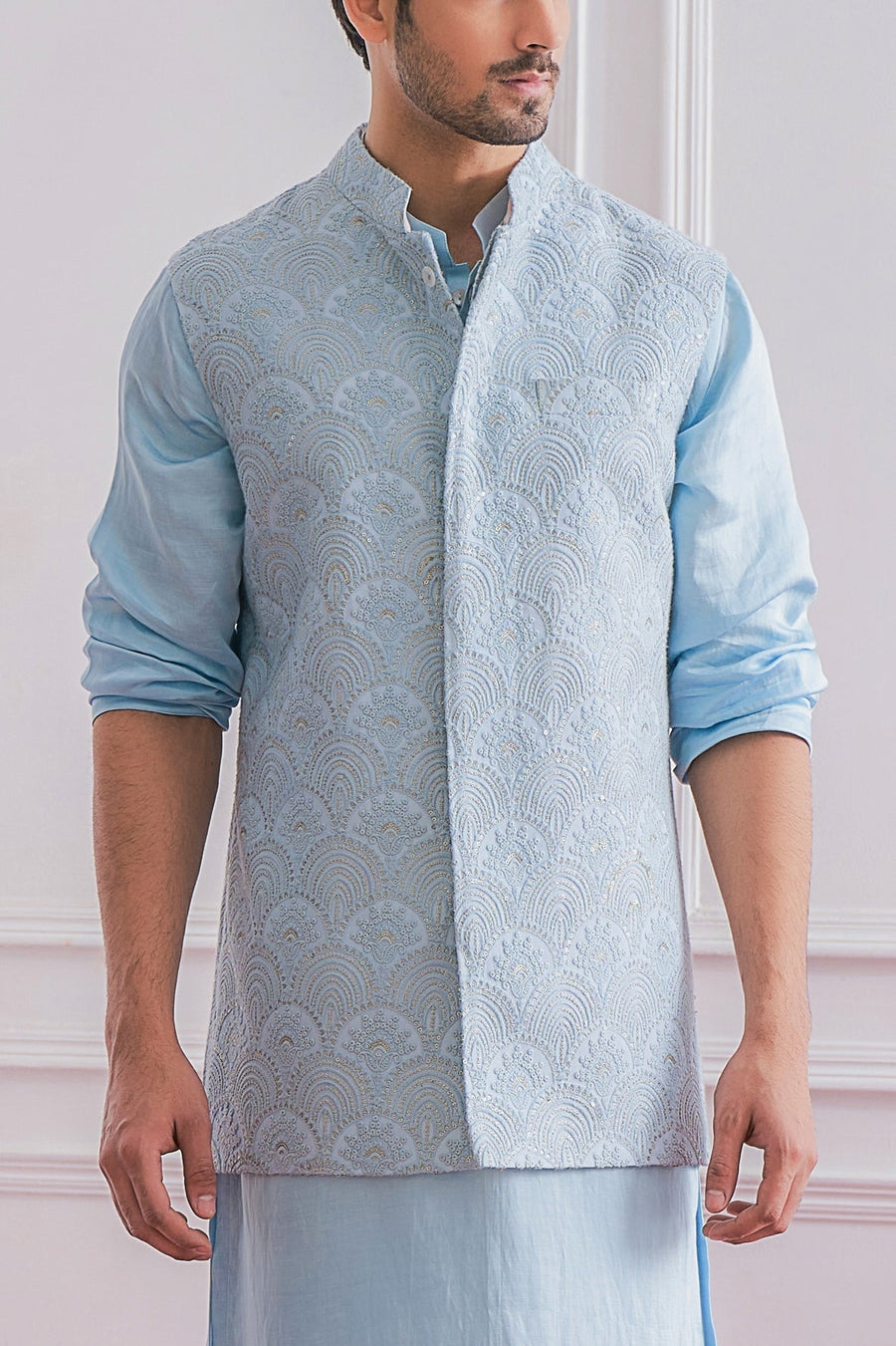 Powder Blue Bandi Kurta Set for Men - Jhelum Bandi Set