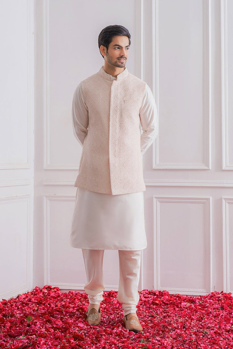 Pink Lucknowi Bandi Set for Men by Ankit V Kapoor - Umerkot Bandi Set