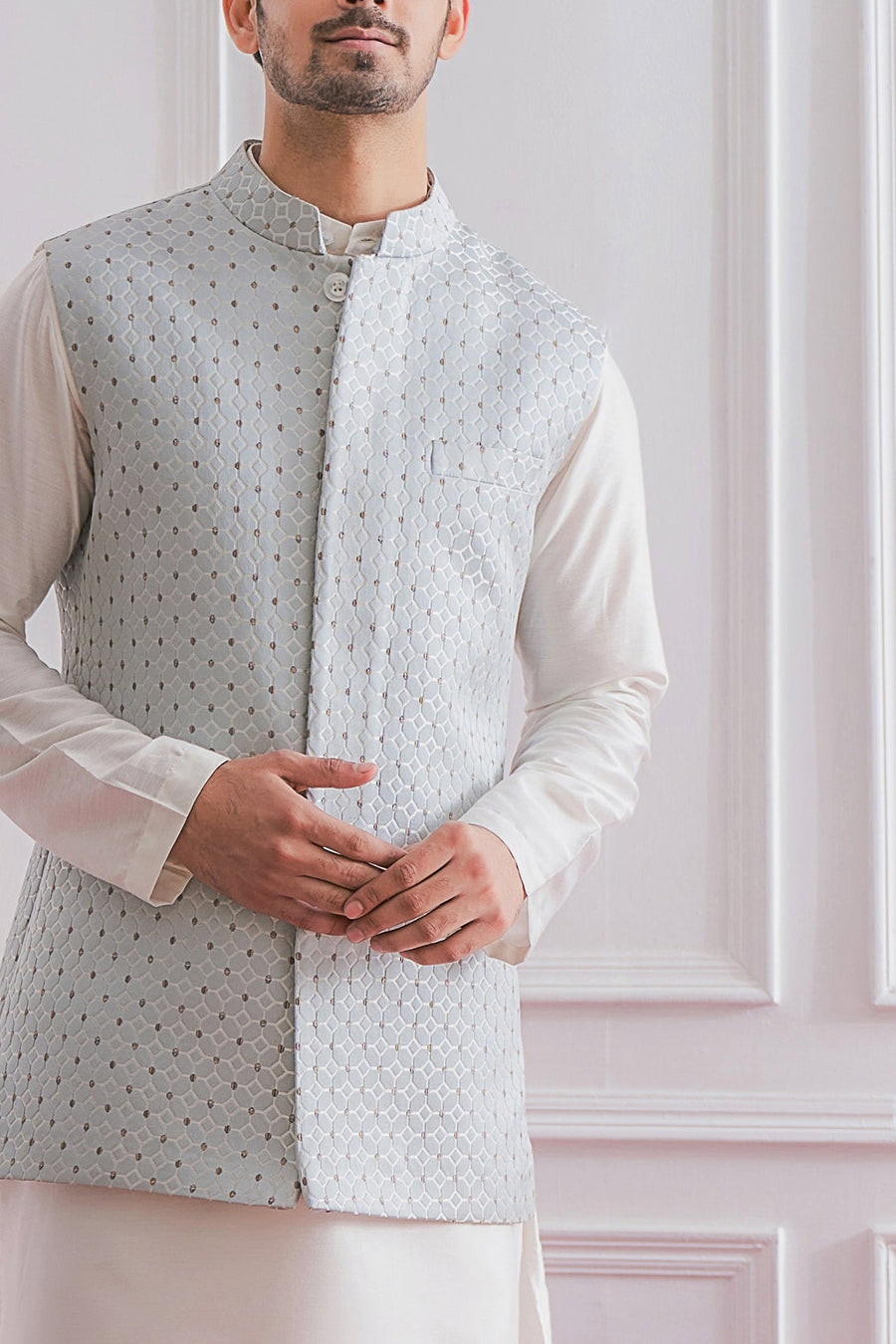 Powder Blue Kurta Bandi Set for Men - Mirpur Bandi Set
