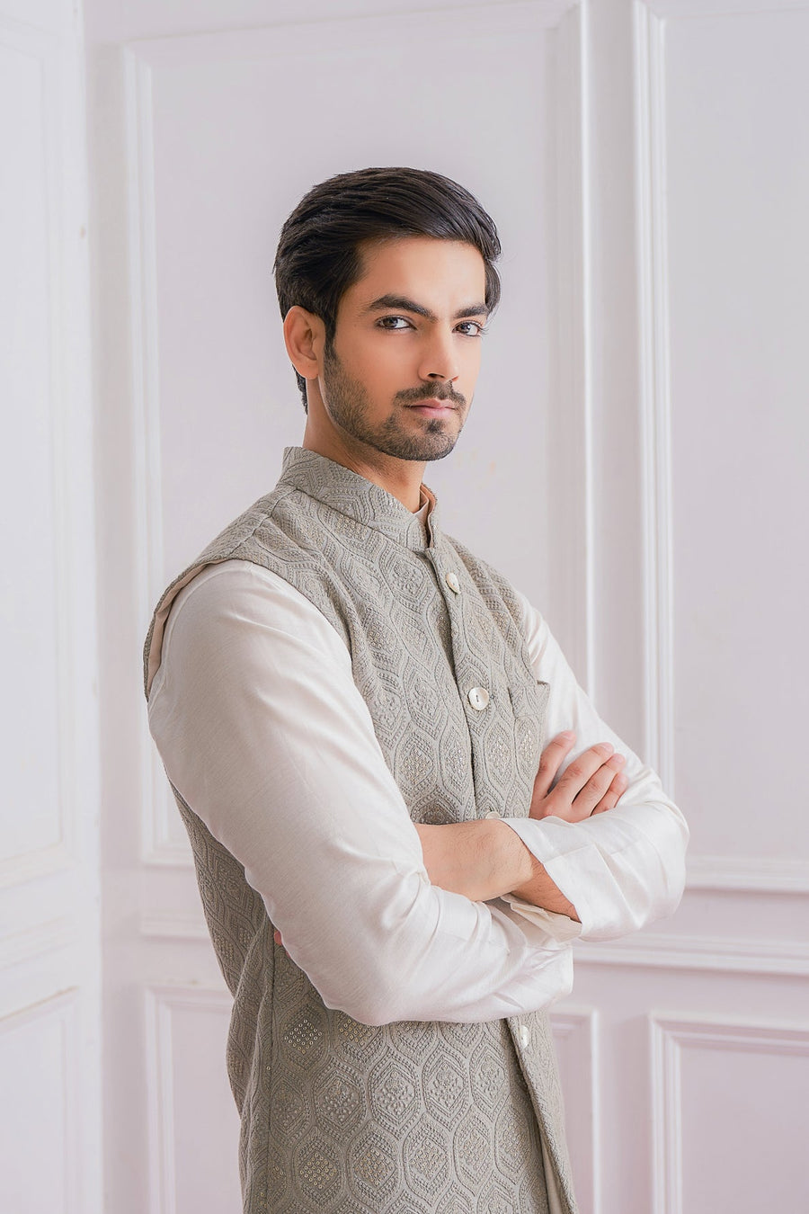 Grey Kurta Bandi Set by Ankit V Kapoor - Gojra Bandi Set