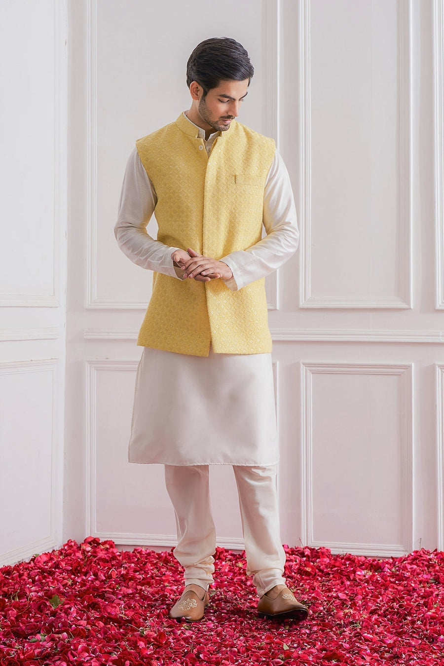 Yellow Kurta Bandi Set for Men - Kasur Bandi Set