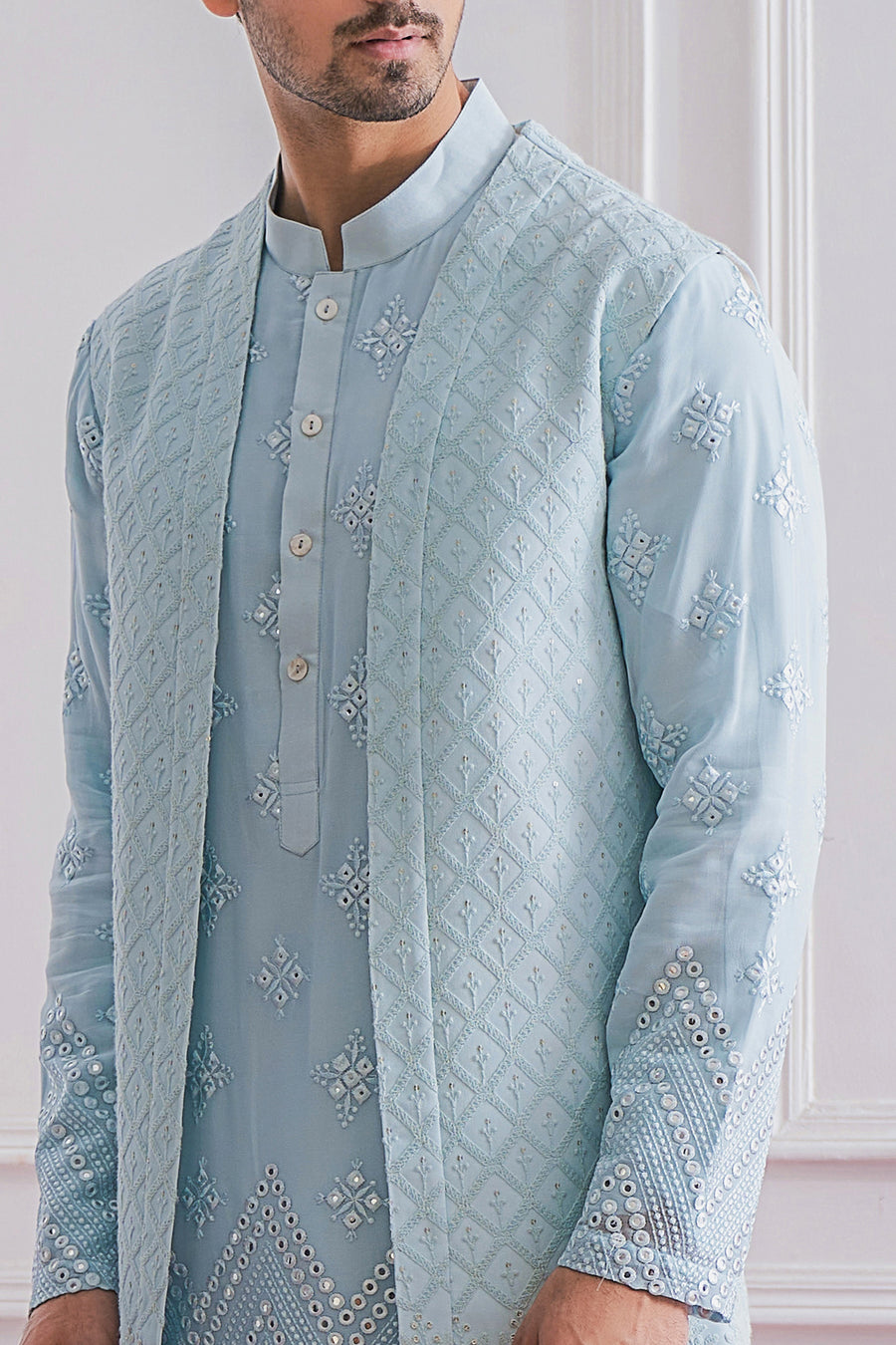 Powder Blue Kurta Bandi Set for Men - Bahawalpur Bandi Set