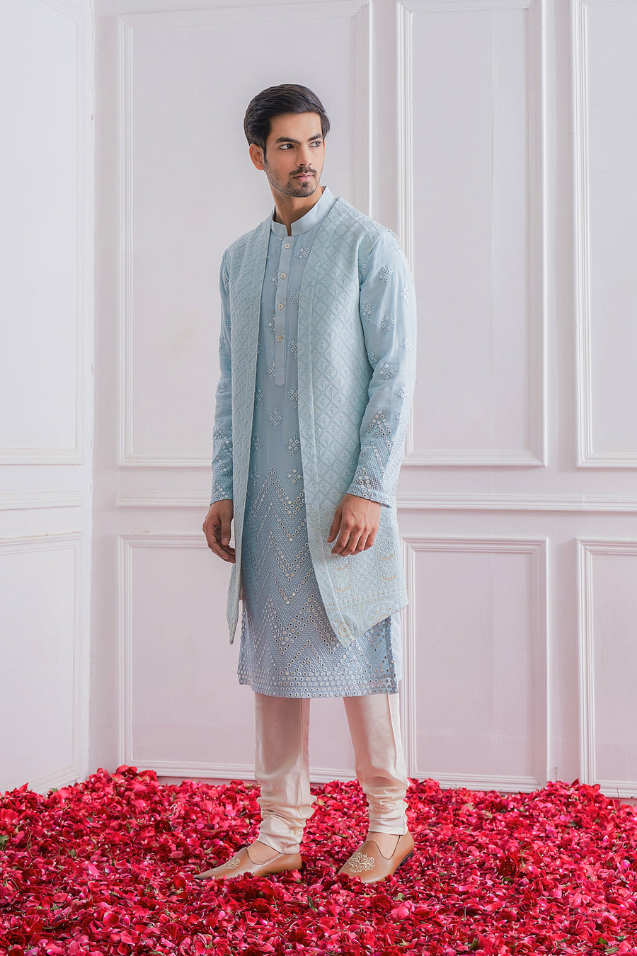 Powder Blue Kurta Bandi Set for Men - Bahawalpur Bandi Set