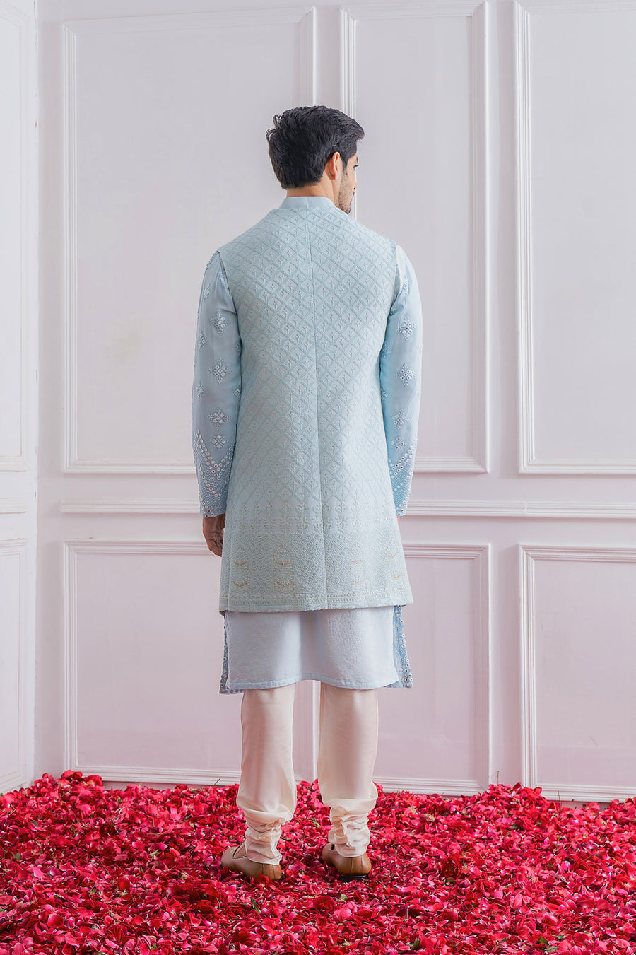 Powder Blue Kurta Bandi Set for Men - Bahawalpur Bandi Set