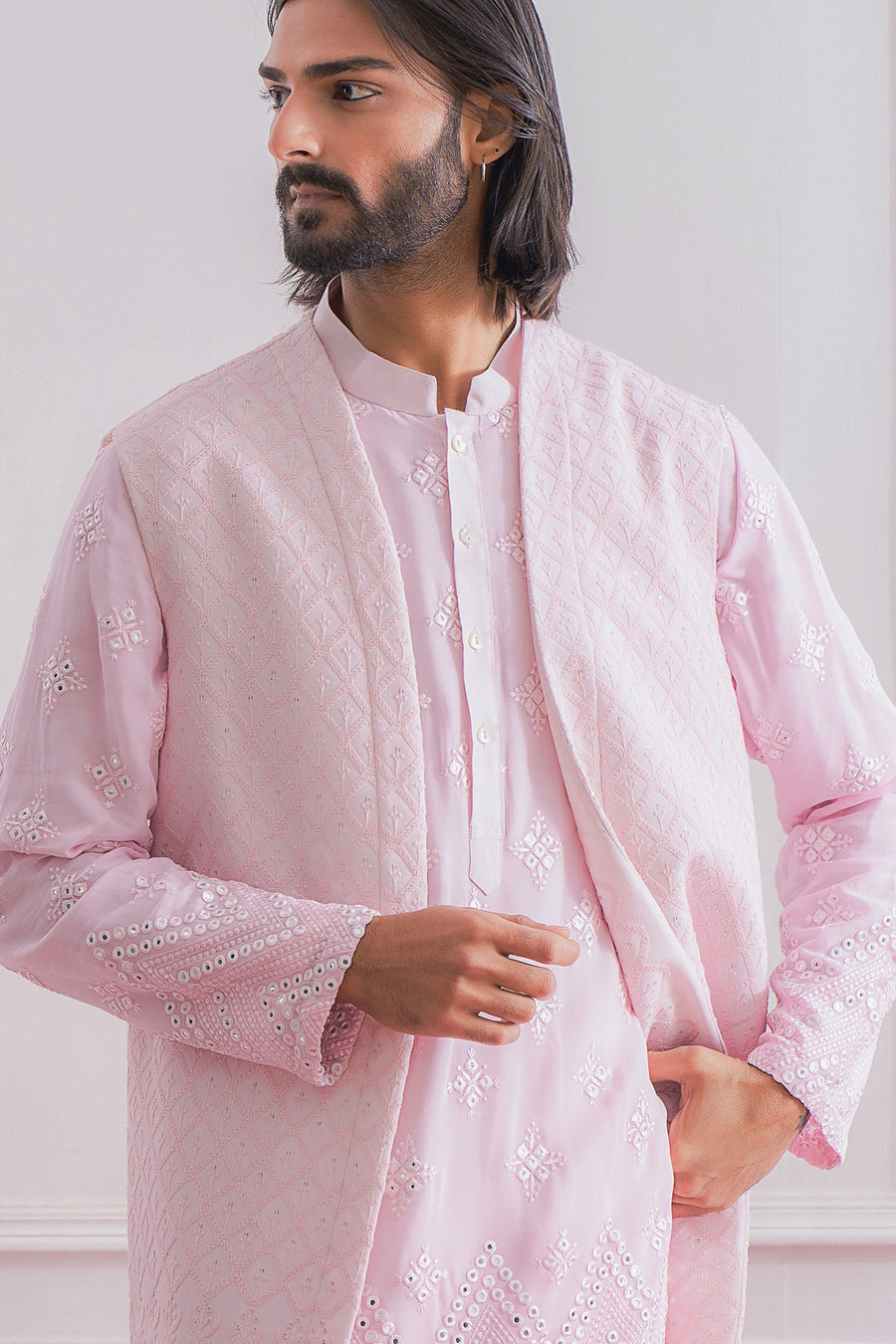 Lucknowi Embroidered Powder Pink Bandi Kurta for Men - Bahawalpur Bandi Set