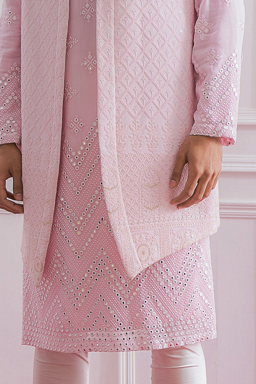 Lucknowi Embroidered Powder Pink Bandi Kurta for Men - Bahawalpur Bandi Set