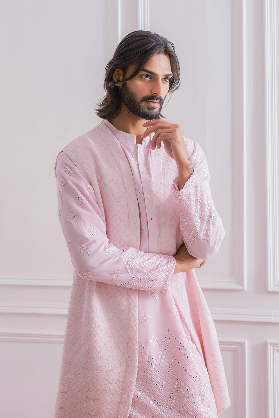 Lucknowi Embroidered Powder Pink Bandi Kurta for Men - Bahawalpur Bandi Set