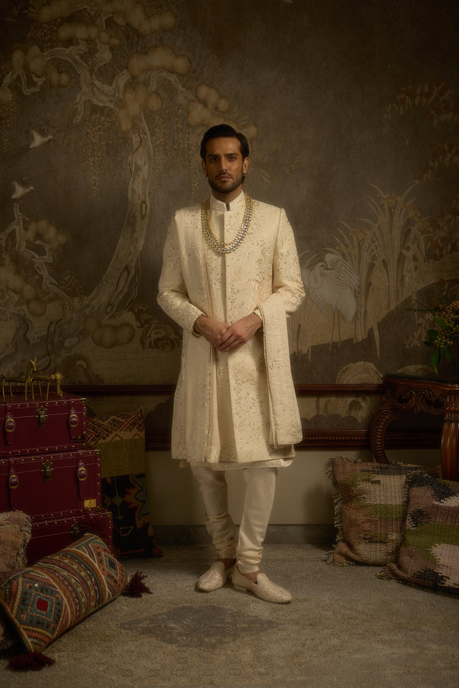 Champagne Gold Silk Garden Motif Couture Sherwani Set for Groom | Zarbagh by AVK Tajdaar