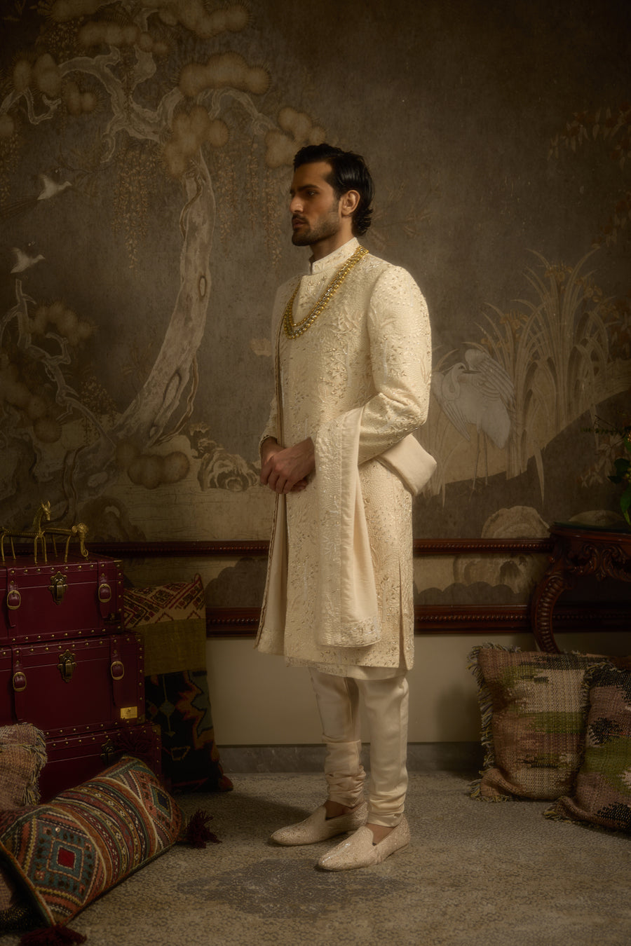 Champagne Gold Silk Garden Motif Couture Sherwani Set for Groom | Zarbagh by AVK Tajdaar
