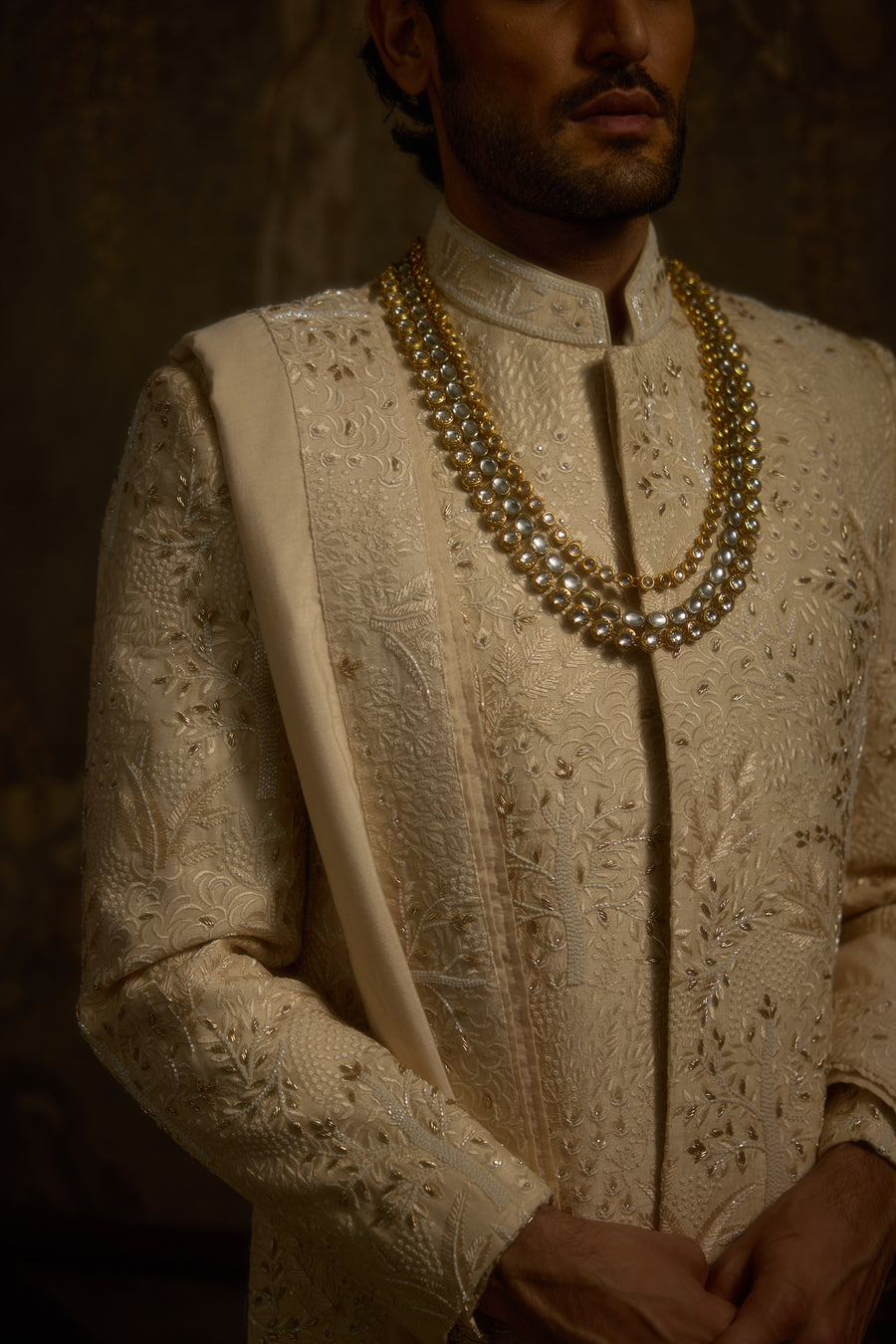 Champagne Gold Silk Garden Motif Couture Sherwani Set for Groom | Zarbagh by AVK Tajdaar