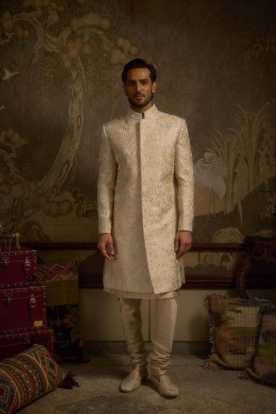 Rose Gold Silk Royal Elephant Embroidered Couture Sherwani Set | Haathiraaj by AVK Tajdaar