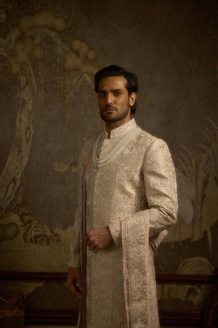 Rose Gold Silk Royal Elephant Embroidered Couture Sherwani Set | Haathiraaj by AVK Tajdaar