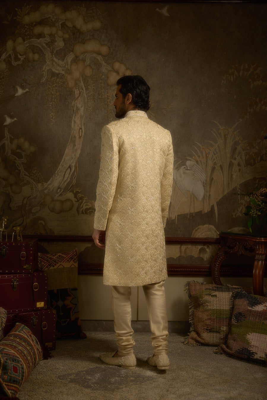 Champagne Gold Silk Mughal Embroidered Couture Sherwani with Juttis | Noorjah by AVK Tajdaar