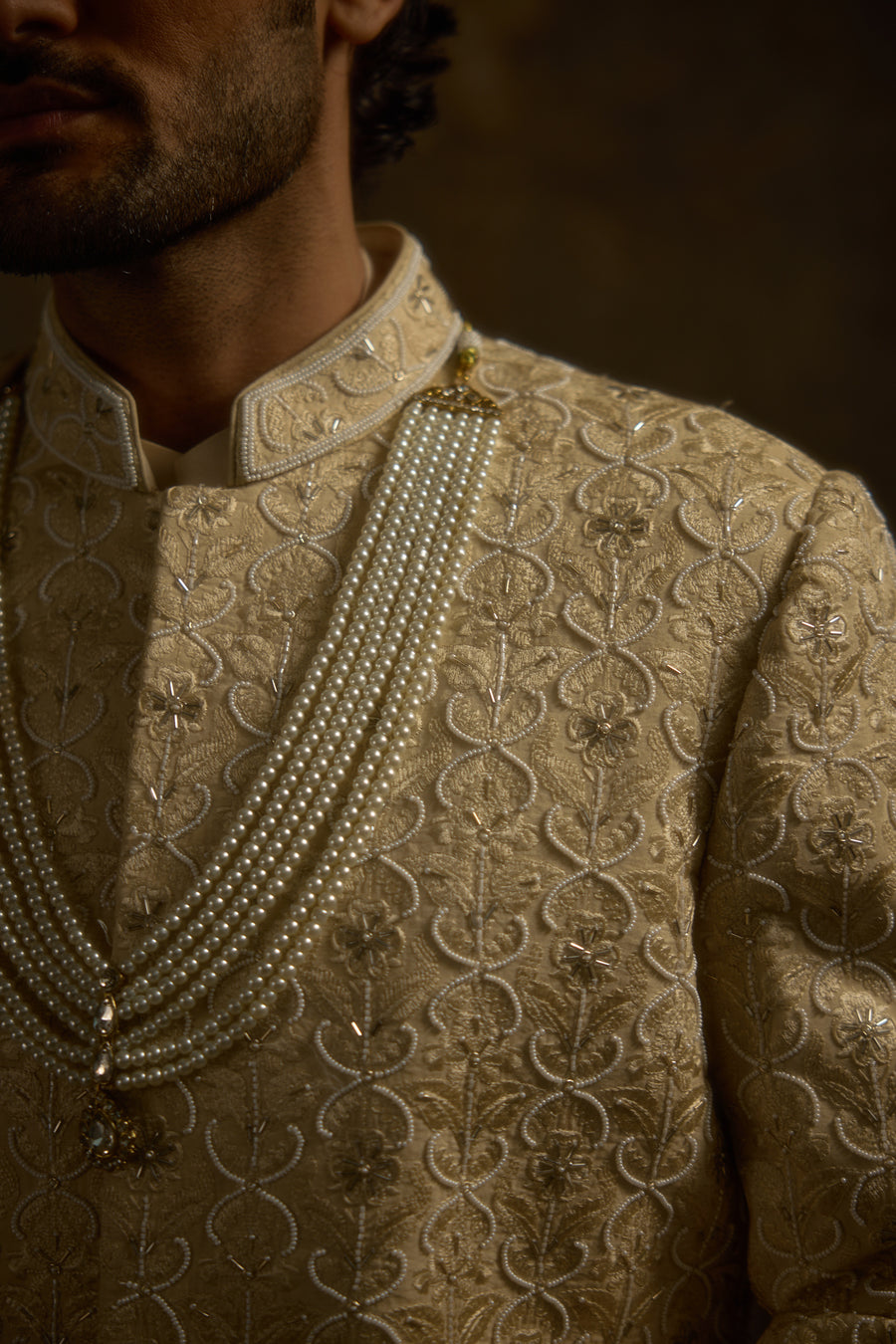 Champagne Gold Silk Mughal Embroidered Couture Sherwani with Juttis | Noorjah by AVK Tajdaar