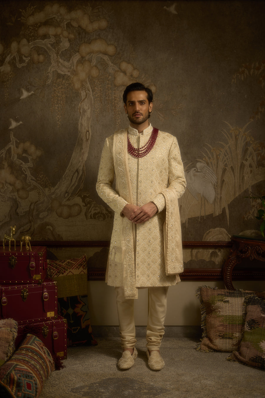 Champagne Gold Silk Mughal Embroidered Couture Sherwani with Juttis | Noorjah by AVK Tajdaar