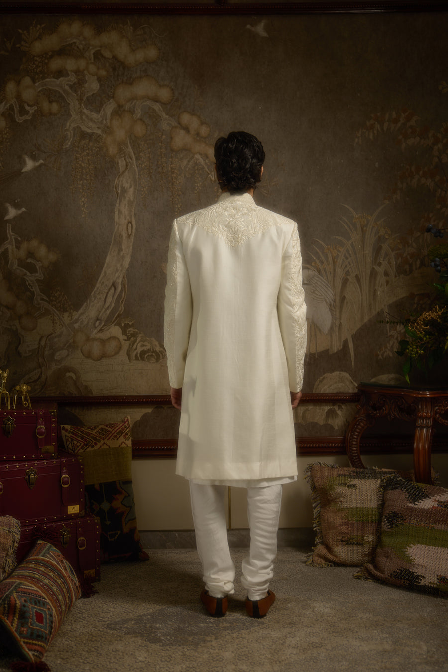 Ivory Silk Mughal Floral Embroidered Couture Sherwani Set for Wedding | Afreen by AVK Tajdaar