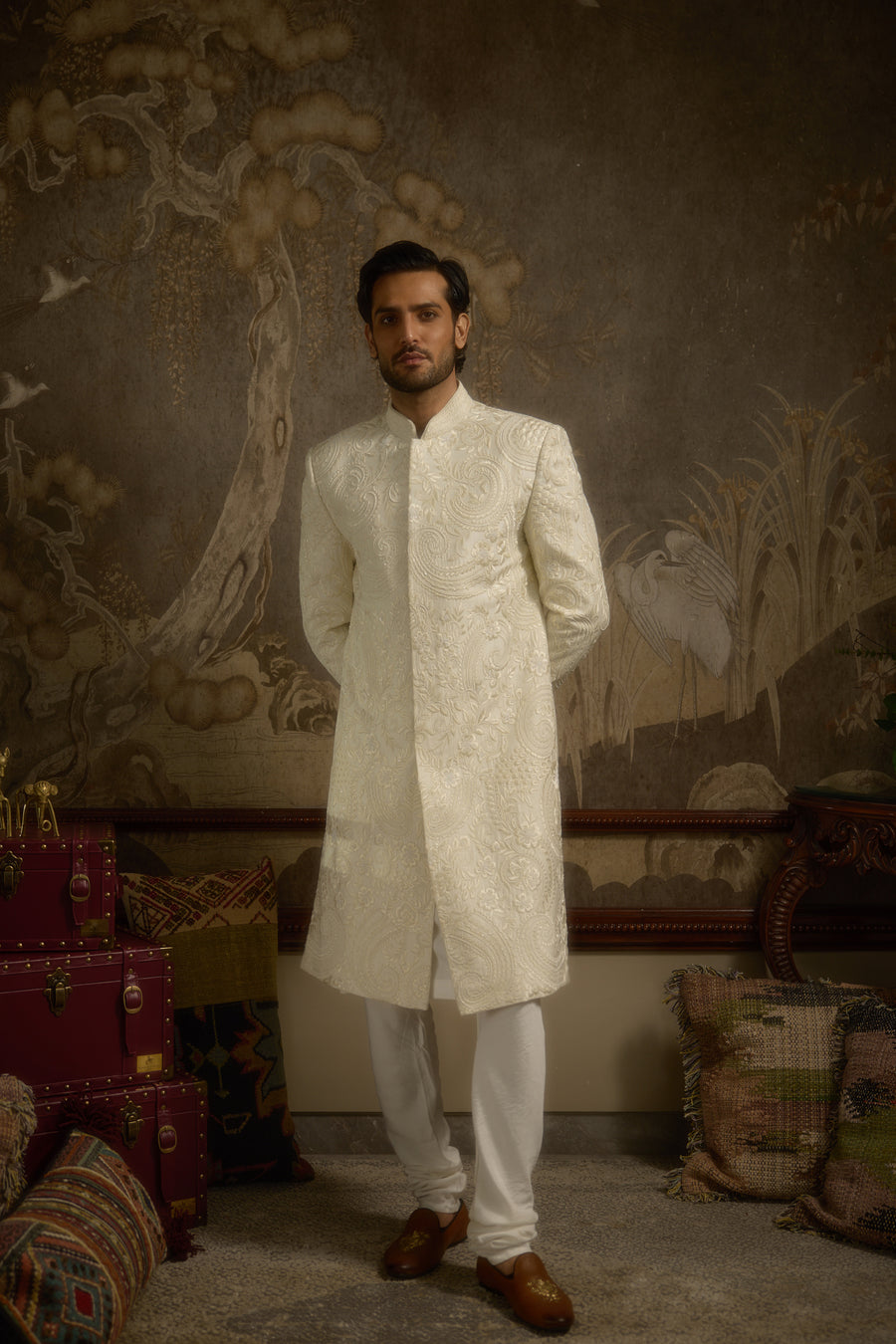 Ivory Silk Mughal Floral Embroidered Couture Sherwani Set for Wedding | Afreen by AVK Tajdaar