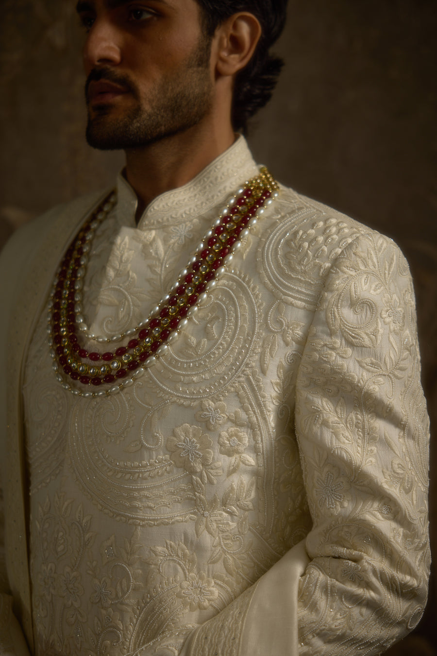 Ivory Silk Mughal Floral Embroidered Couture Sherwani Set for Wedding | Afreen by AVK Tajdaar