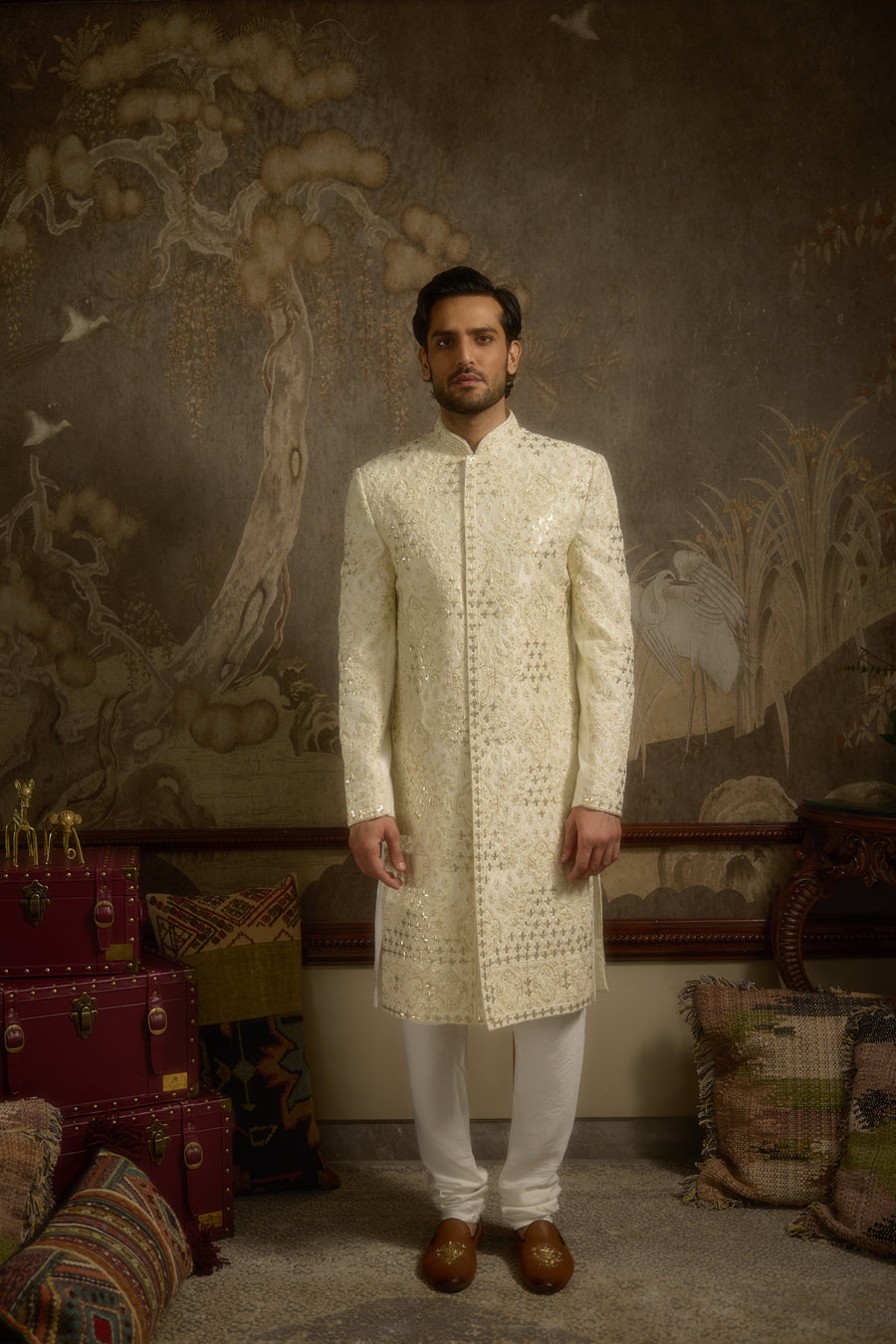 Ivory Silk Pastel Embroidered Couture Sherwani Set for Groom | Roshaan by AVK Tajdaar
