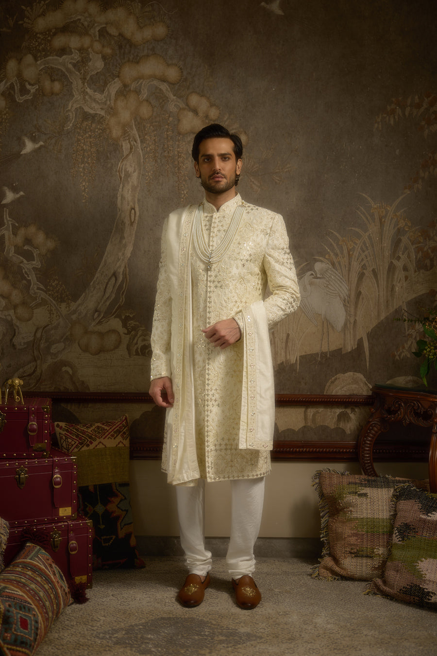 Ivory Silk Pastel Embroidered Couture Sherwani Set for Groom | Roshaan by AVK Tajdaar