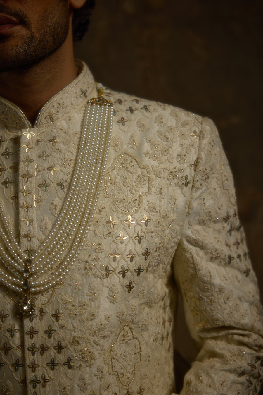 Ivory Silk Pastel Embroidered Couture Sherwani Set for Groom | Roshaan by AVK Tajdaar