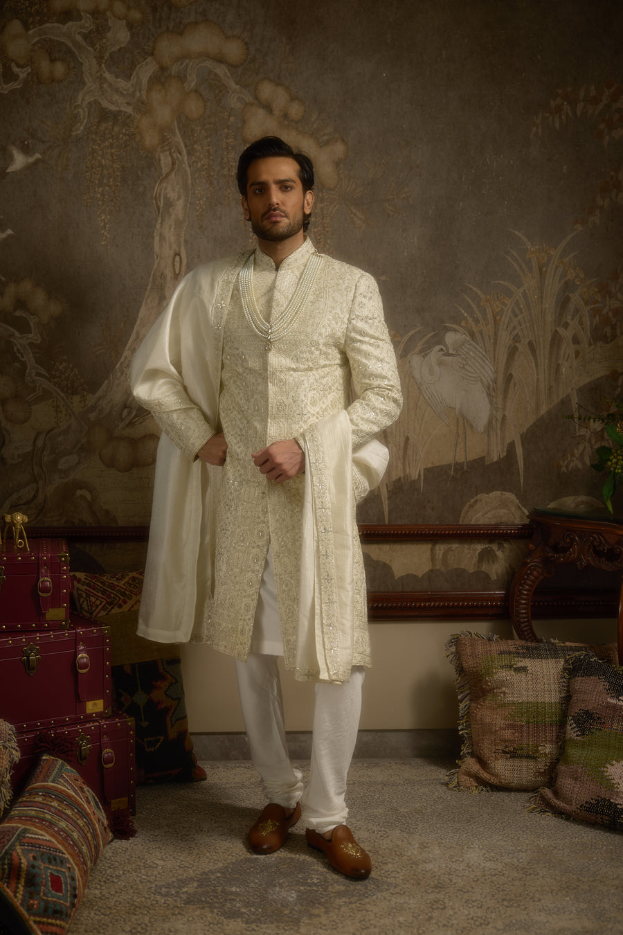 Ivory Silk Hand-Embroidered Couture Sherwani Set for Wedding | Heeranva by AVK Tajdaar