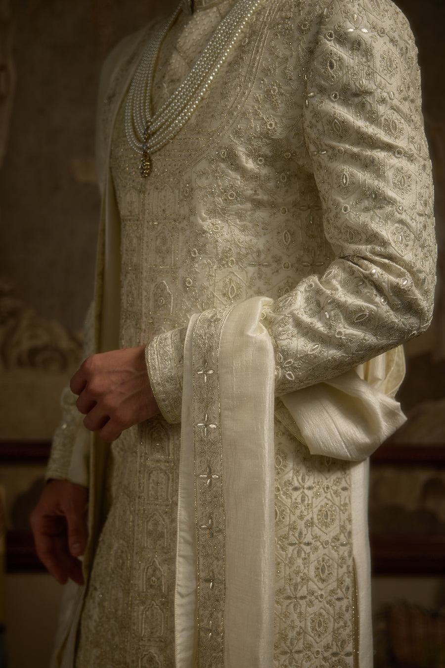 Ivory Silk Hand-Embroidered Couture Sherwani Set for Wedding | Heeranva by AVK Tajdaar