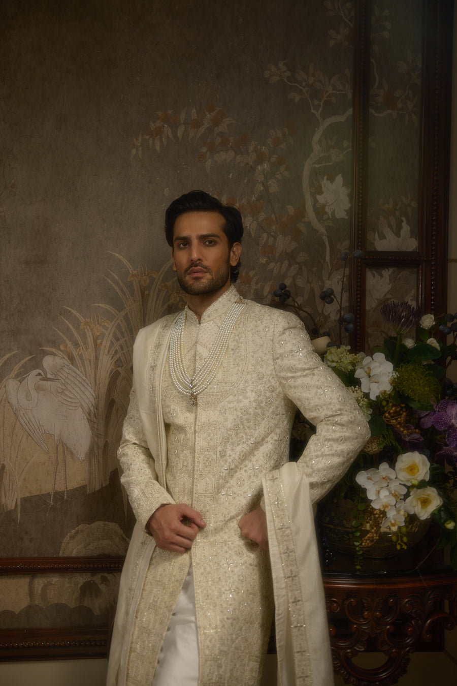 Ivory Silk Hand-Embroidered Couture Sherwani Set for Wedding | Heeranva by AVK Tajdaar
