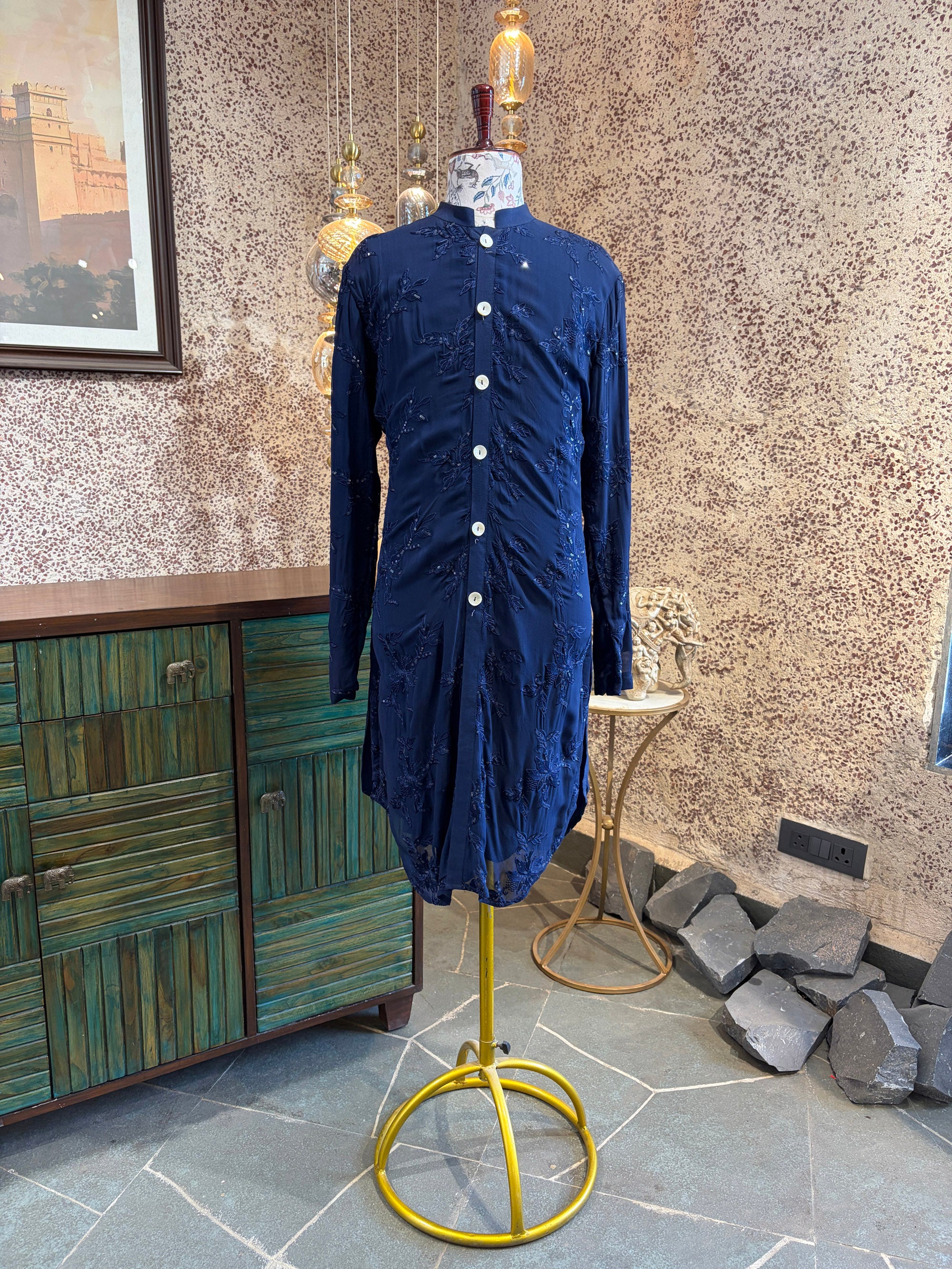 Navy Blue Floral Thread Embroidered Cotton Silk Kurta Set for Men | Sufian by AVK