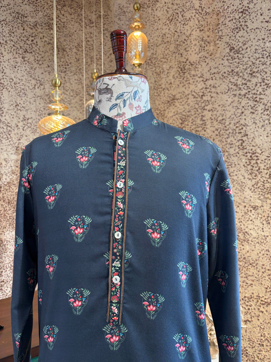 Navy Blue Floral Print Cotton Silk Kurta Set for Men | Noor (Navy) by AVK