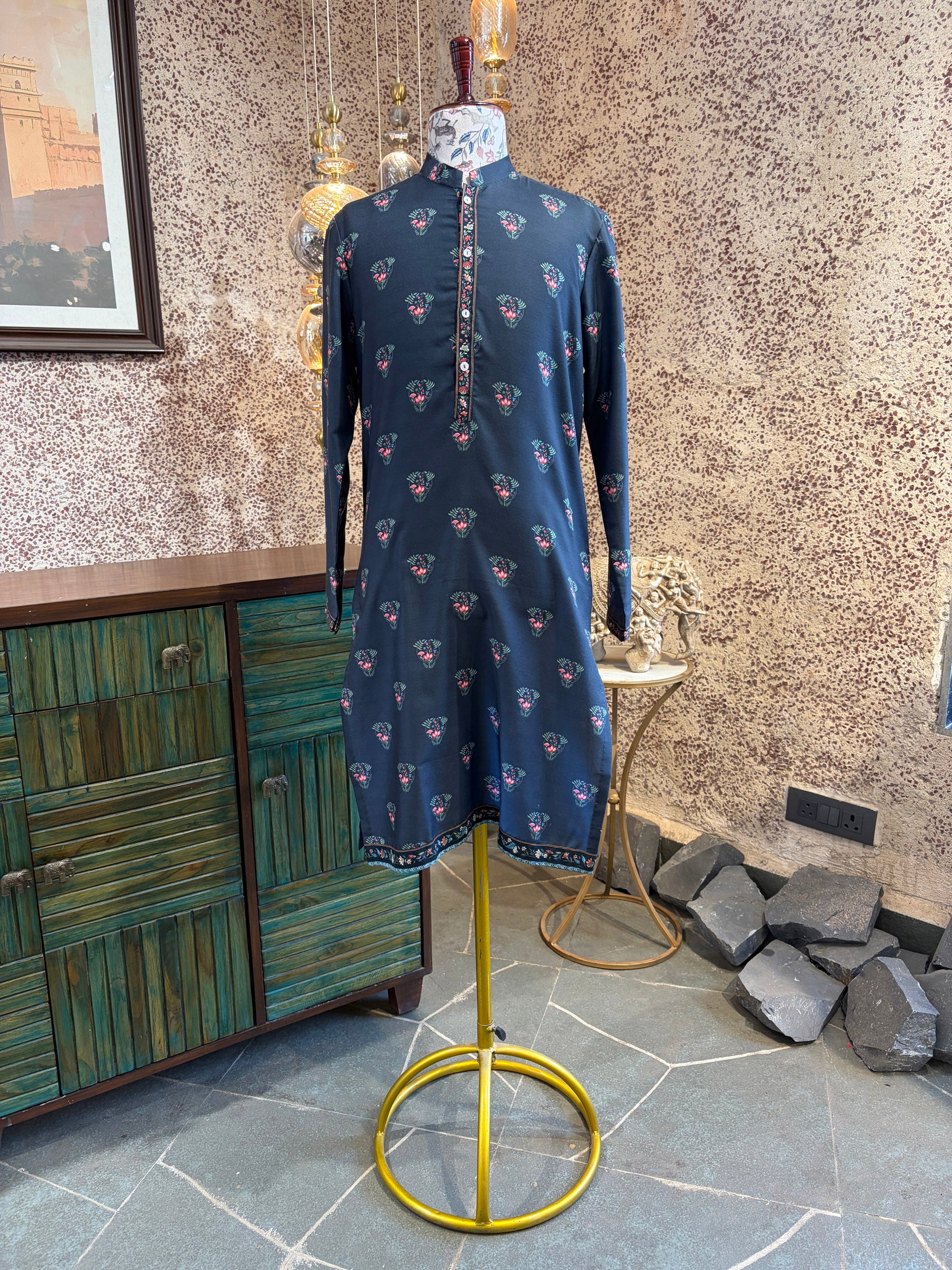 Navy Blue Floral Print Cotton Silk Kurta Set for Men | Noor (Navy) by AVK