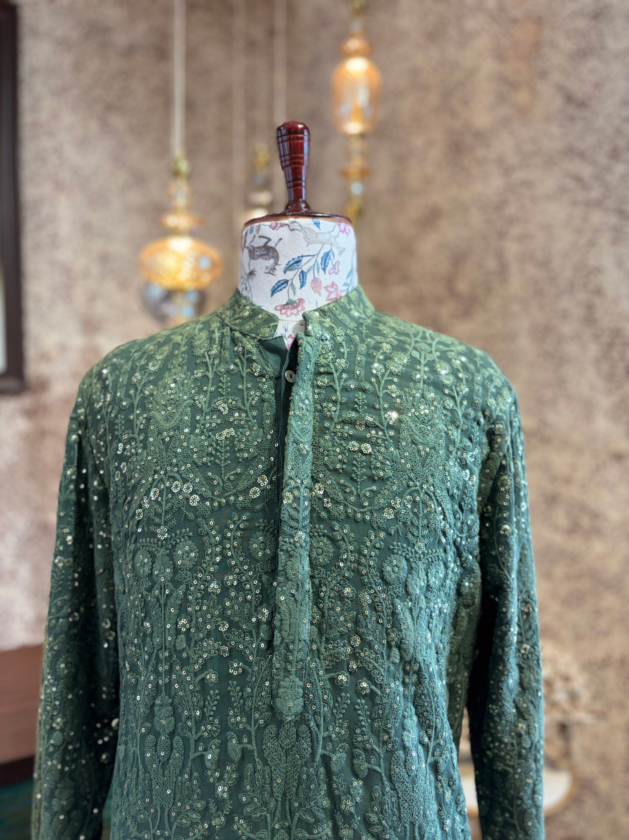 Olive Green Floral Thread Embroidered Kurta Set for Men | Aftaab by AVK