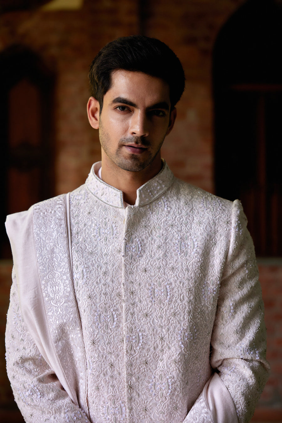 Powder Pink Hand-Embroidered Sherwani Set for Groom | Ameera by AVK