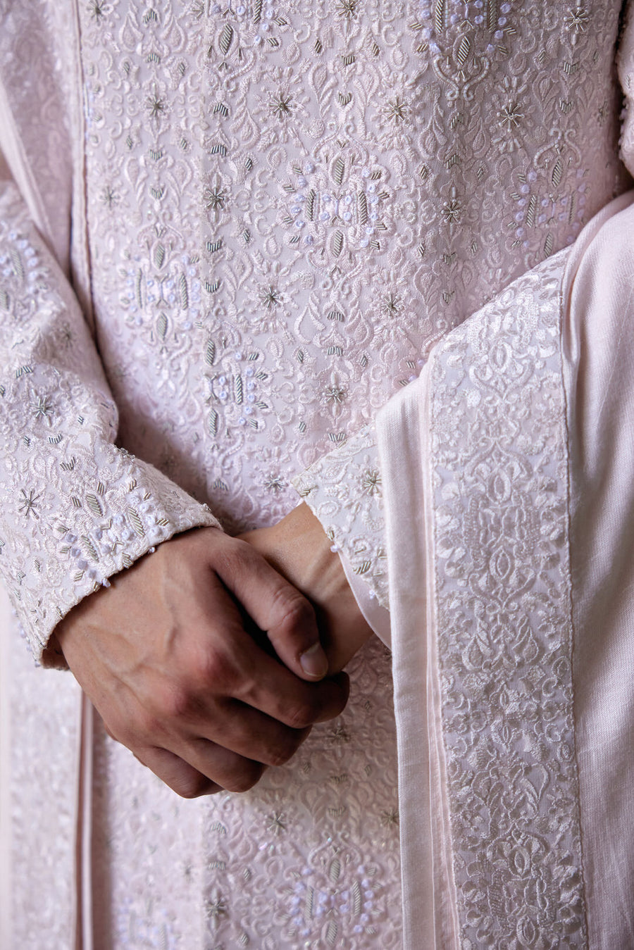 Powder Pink Hand-Embroidered Sherwani Set for Groom | Ameera by AVK