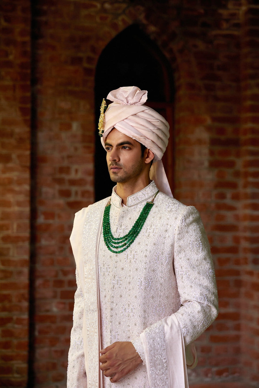 Powder Pink Hand-Embroidered Sherwani Set with Stole | Ameera by AVK