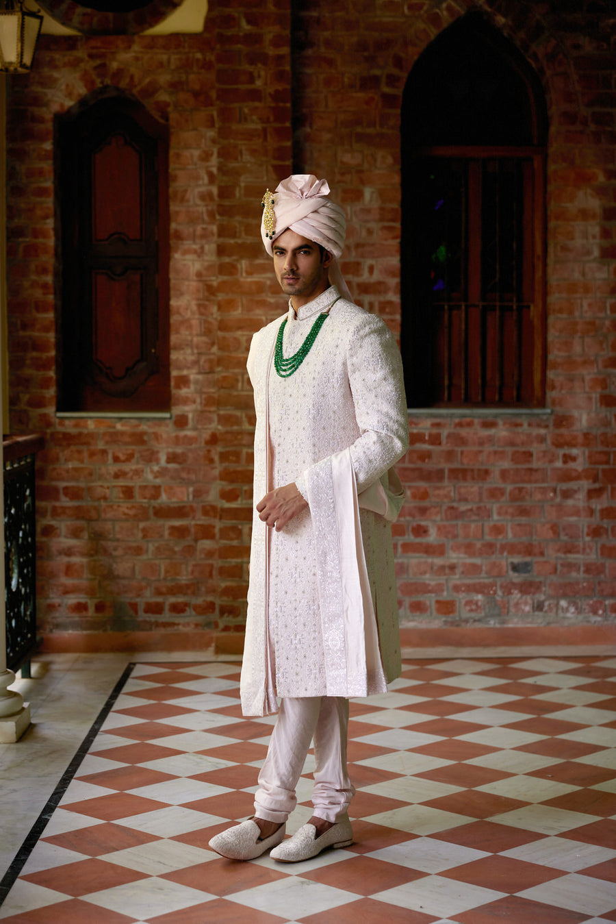 Powder Pink Hand-Embroidered Sherwani Set with Stole | Ameera by AVK