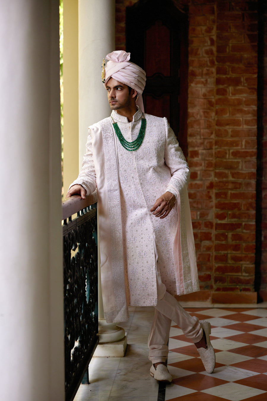 Powder Pink Hand-Embroidered Sherwani Set with Stole | Ameera by AVK