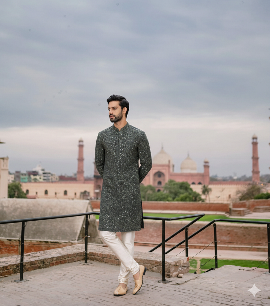 Olive Green Floral Thread Embroidered Kurta Set for Men | Aftaab by AVK