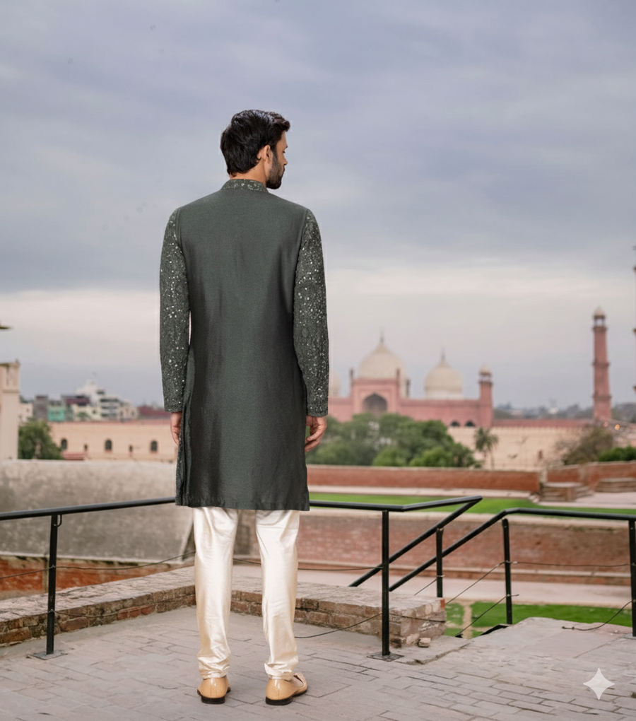 Olive Green Floral Thread Embroidered Kurta Set for Men | Aftaab by AVK
