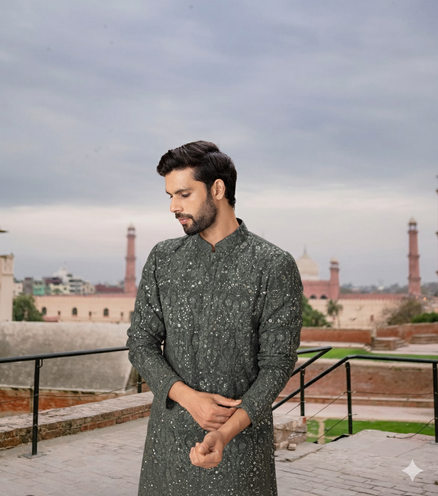 Olive Green Floral Thread Embroidered Kurta Set for Men | Aftaab by AVK
