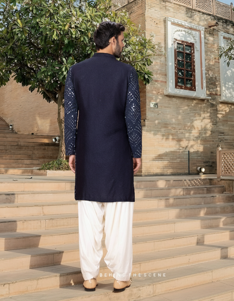 Navy Blue Mirror Work Kurta Set for Men | Rashid (Navy) by AVK