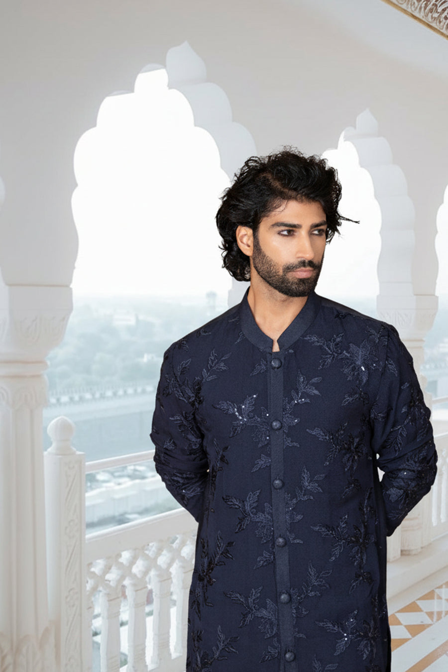 Navy Blue Floral Thread Embroidered Cotton Silk Kurta Set for Men | Sufian by AVK