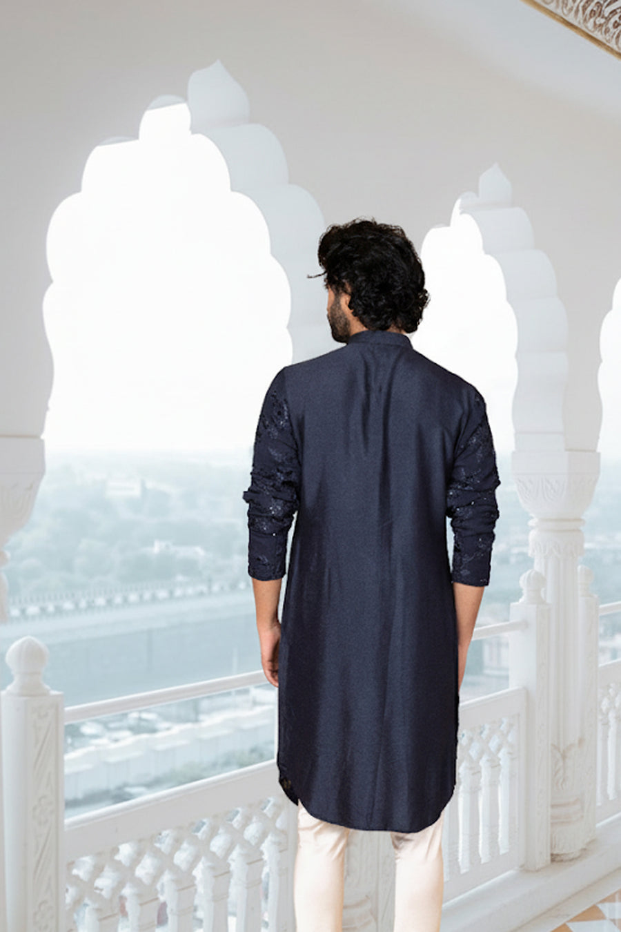 Navy Blue Floral Thread Embroidered Cotton Silk Kurta Set for Men | Sufian by AVK