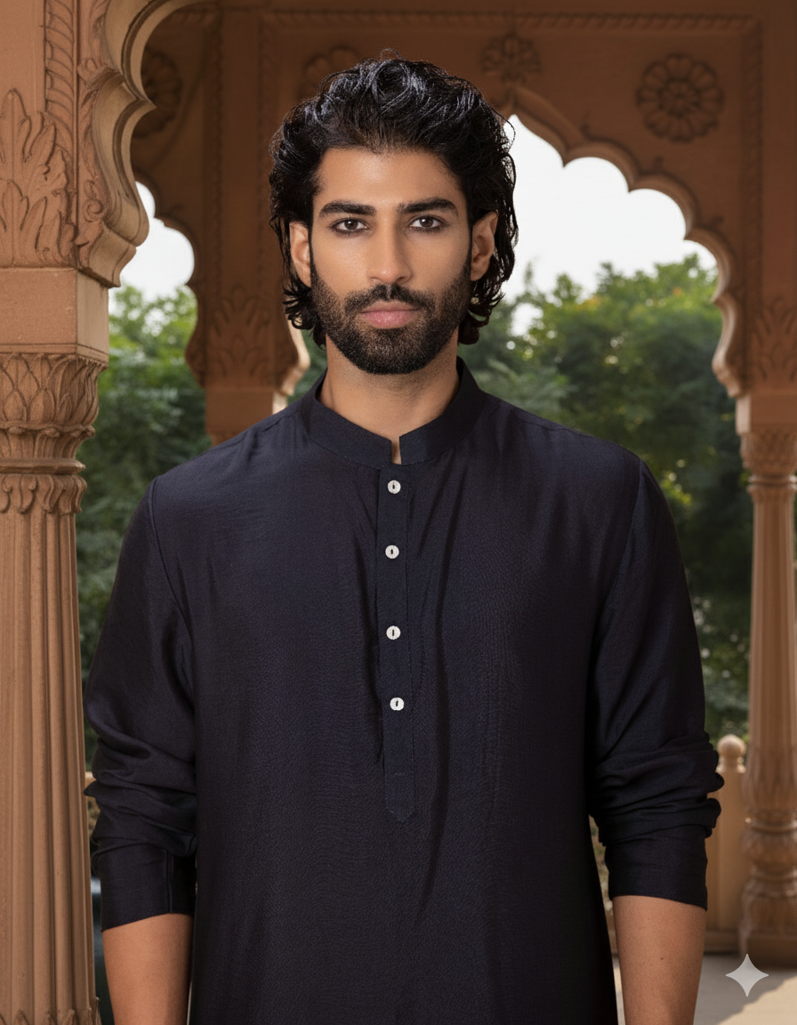 Classic Navy Blue Bamberg Linen Silk Kurta Set for Men | AVK Essentials