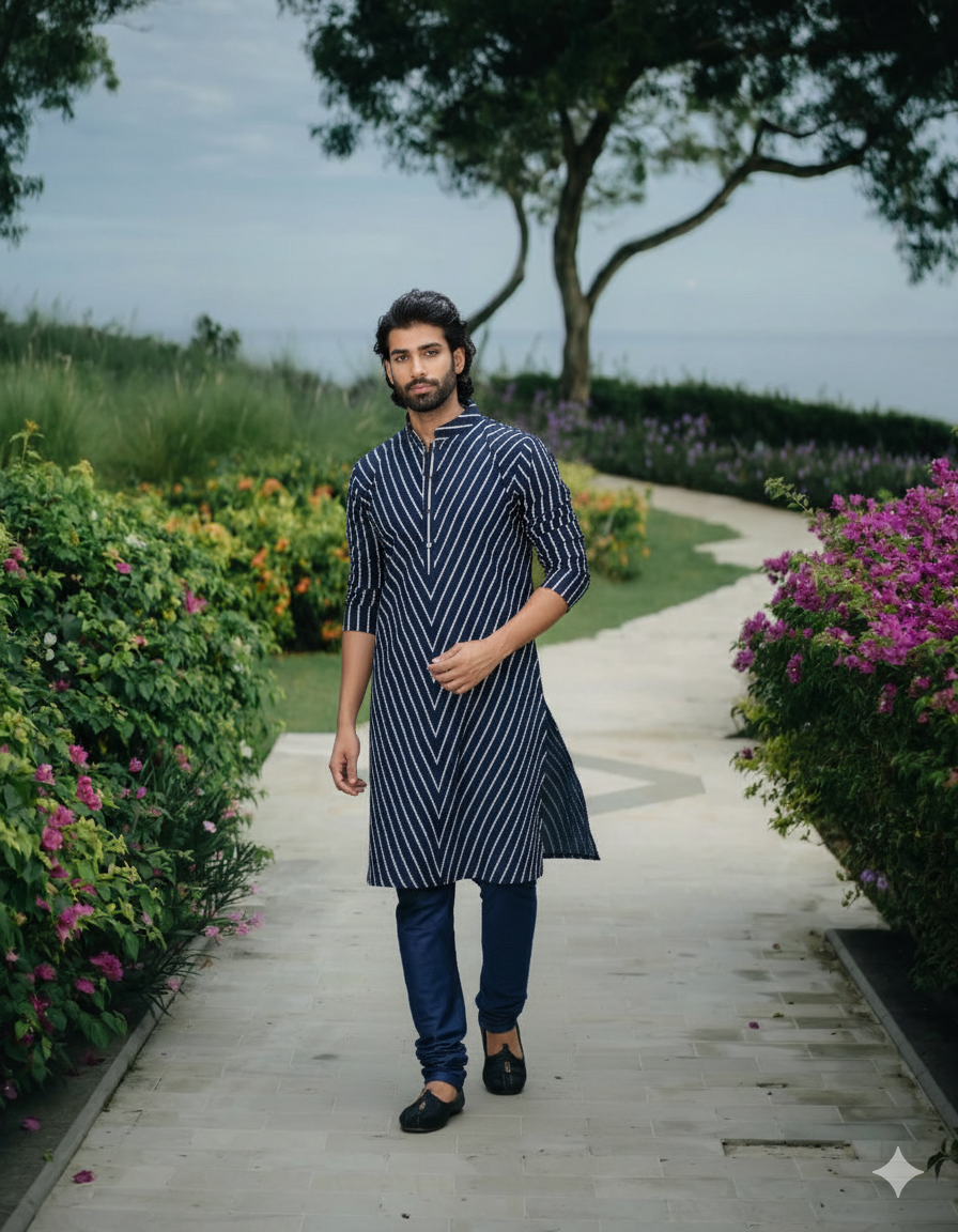 Blue Chevron Print Crepe Silk Kurta Set for Men | Amaan by AVK