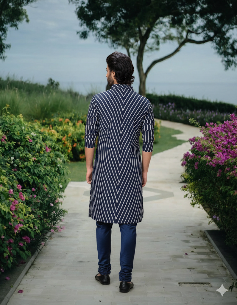 Blue Chevron Print Crepe Silk Kurta Set for Men | Amaan by AVK