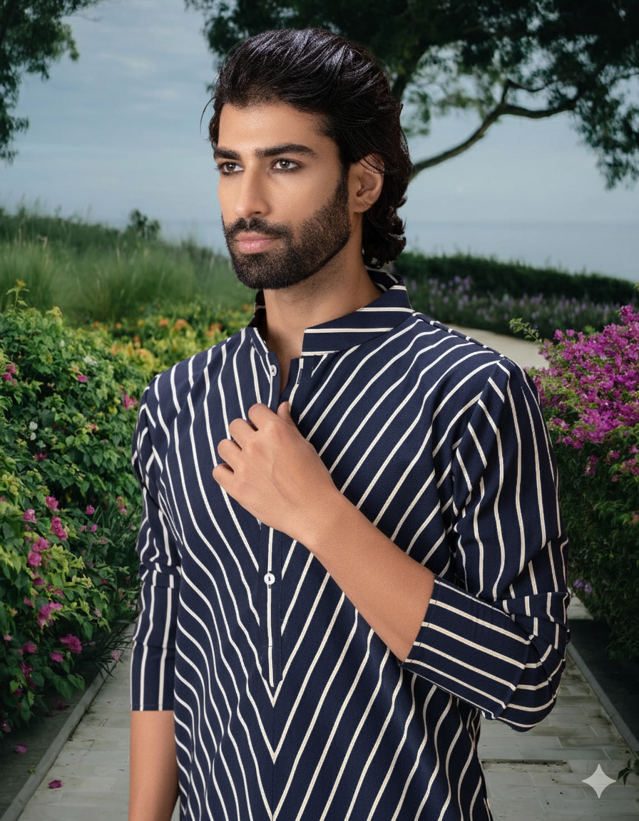 Blue Chevron Print Crepe Silk Kurta Set for Men | Amaan by AVK