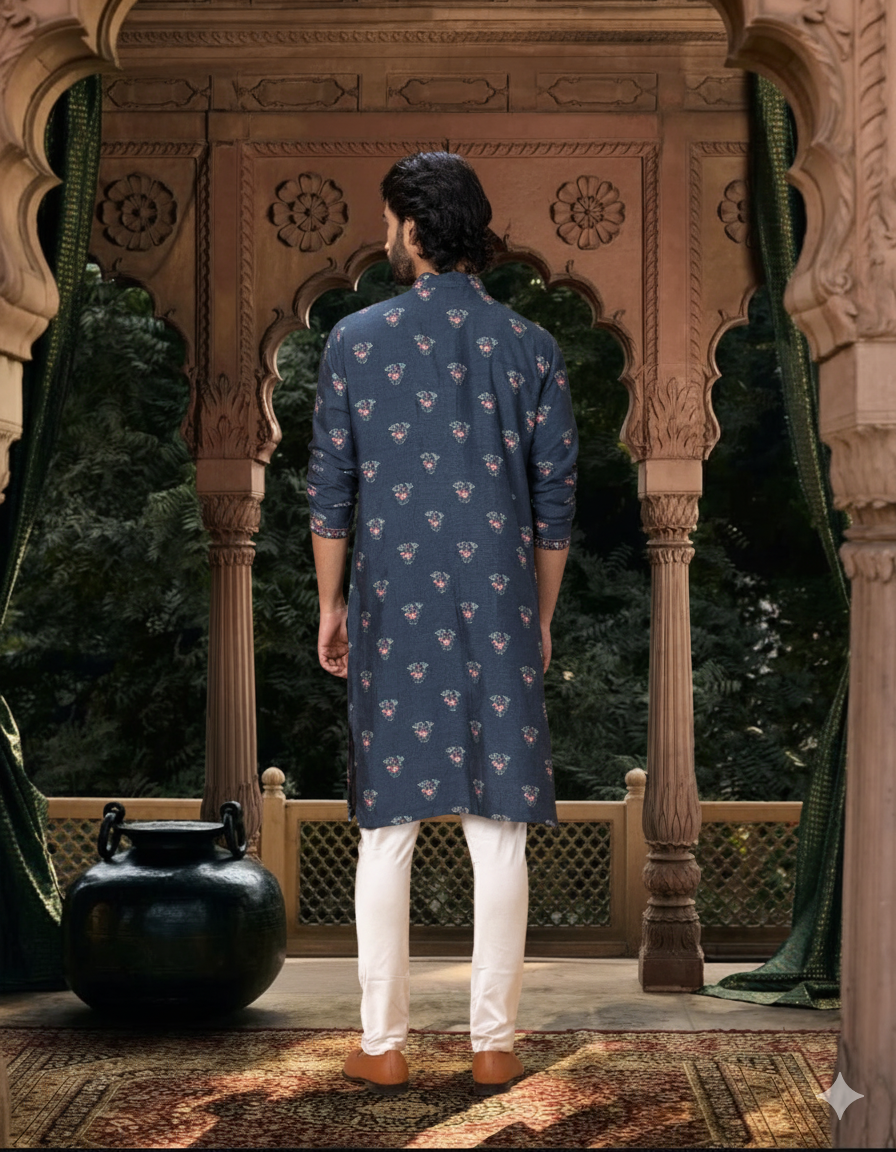 Navy Blue Floral Print Cotton Silk Kurta Set for Men | Noor (Navy) by AVK