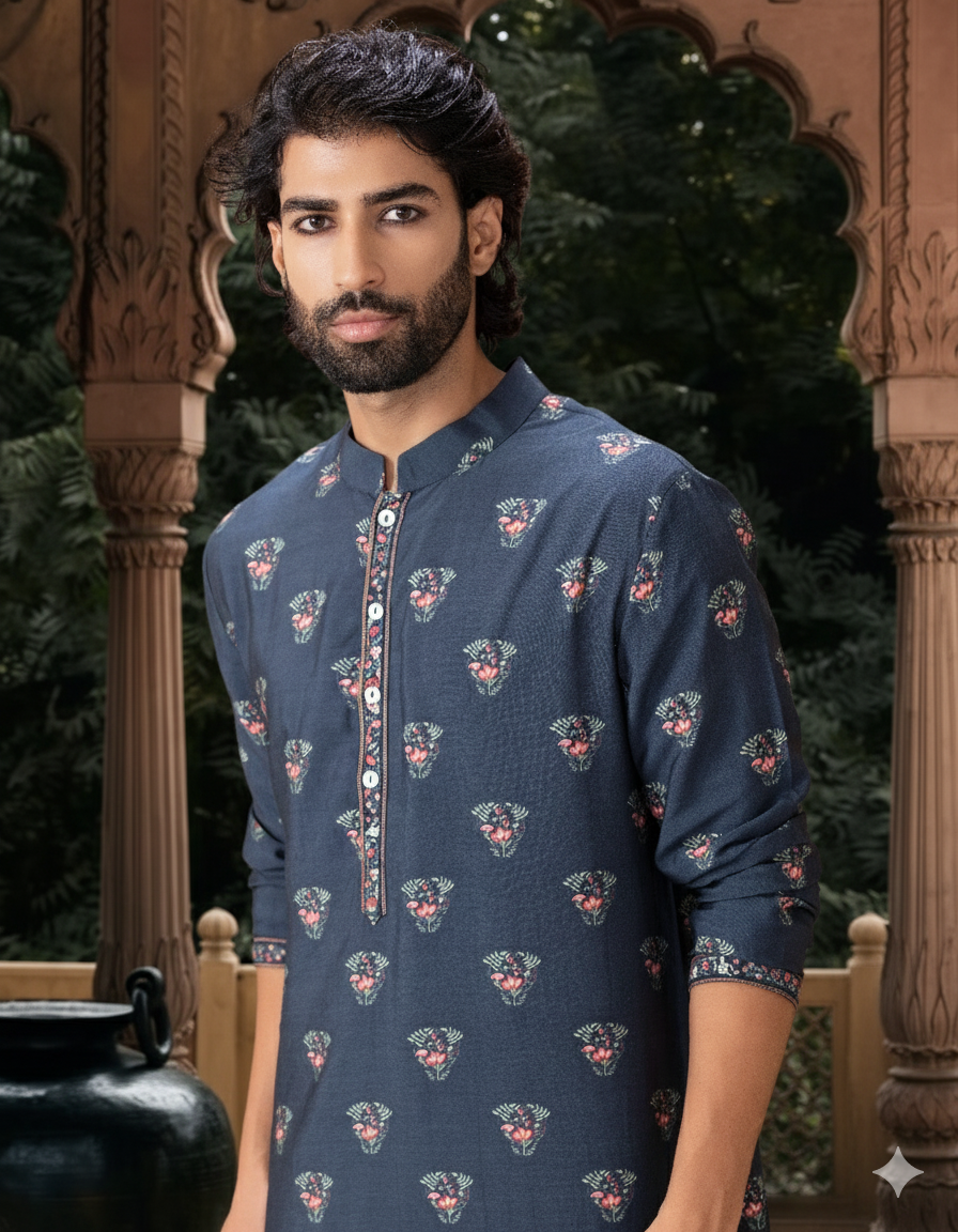 Navy Blue Floral Print Cotton Silk Kurta Set for Men | Noor (Navy) by AVK